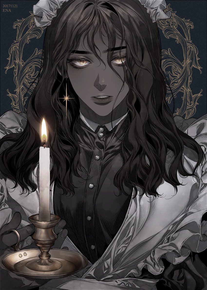 1girl, artist_name, black_hair, black_skin, buttons, candle, candlestand, colored_skin, dated, earrings, ena_(enaa97), female_focus, fire, frills, headdress, highres, holding, holding_candle, jewelry, long_hair, looking_at_viewer, maid, maid_headdress, original, parted_lips, patterned_background, slit_pupils, solo, upper_body, victorian, victorian_maid, yellow_eyes