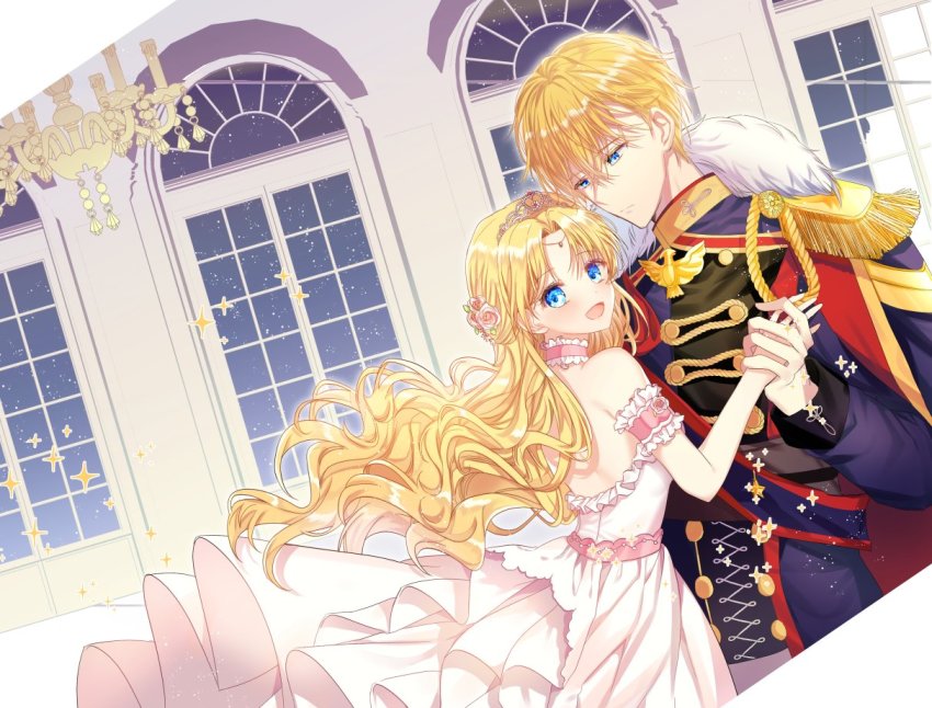 1boy, 1girl, athanasia_de_alger_obelia, blonde_hair, blue_eyes, choker, claude_de_alger_obelia, dancing