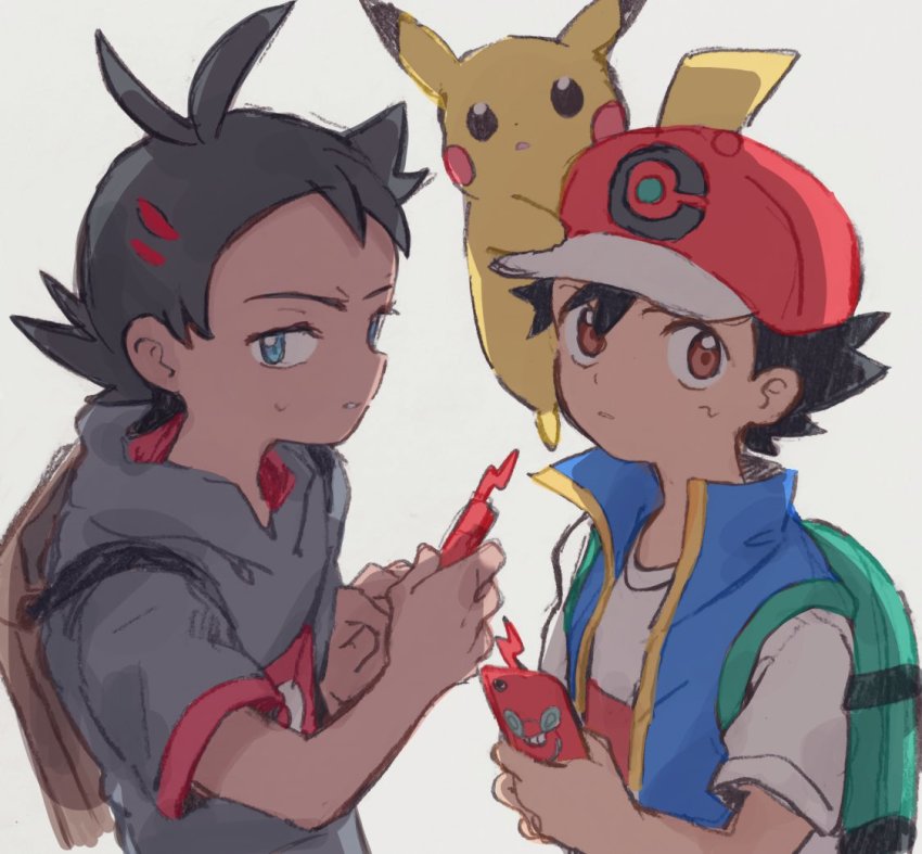 2boys, ash_ketchum, baseball_cap, black_hair, blue_eyes, blue_vest, brown_bag, brown_eyes