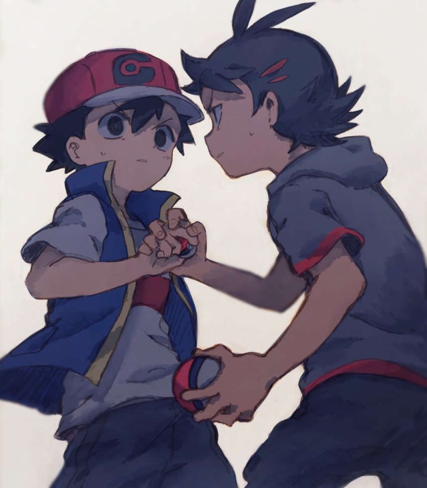 2boys, ash_ketchum, baseball_cap, black_hair, black_pants, blue_vest, commentary_request, dark-skinned_male