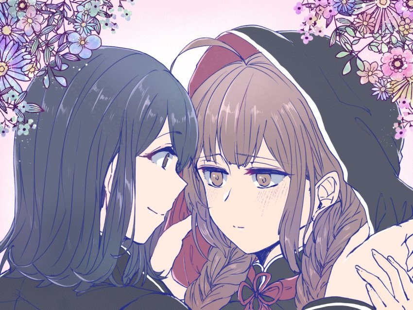 2girls, ahoge, akitsu_maru_(kancolle), black_hair, blush, braid, brown_eyes, brown_hair