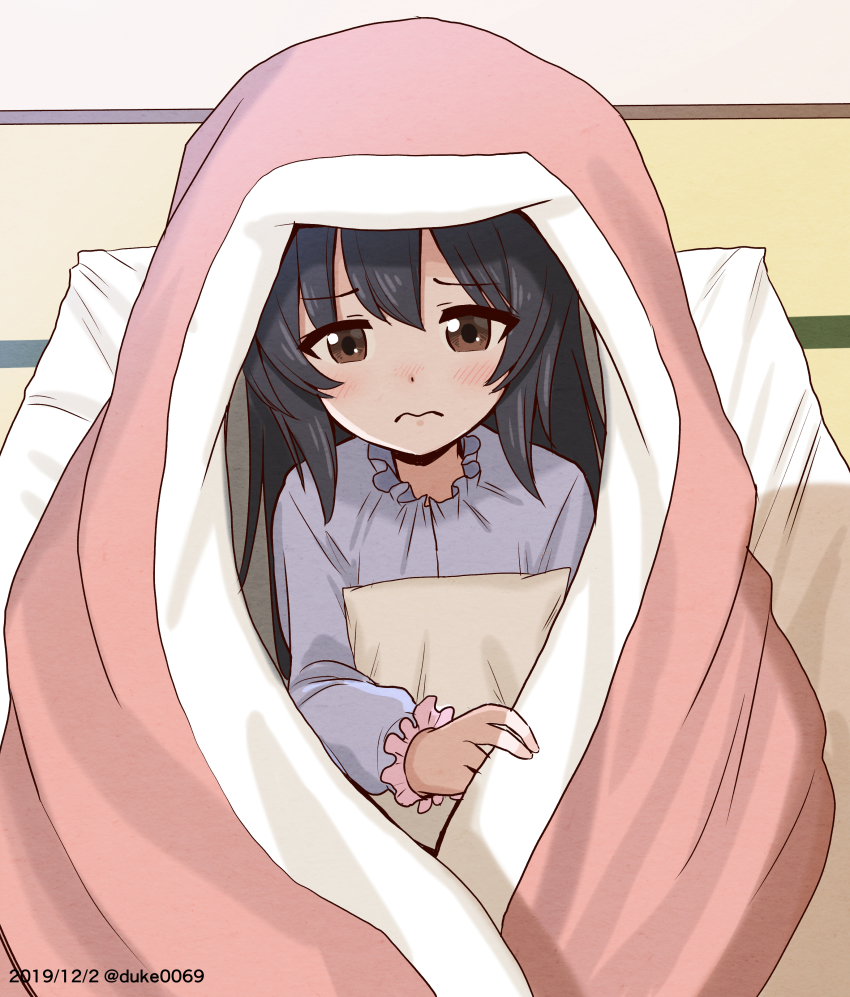 1girl, absurdres, black_hair, blanket, blue_shirt, brown_eyes, closed_mouth, commentary, dated, female_focus, frown, futon, girls_und_panzer, highres, holding, holding_pillow, long_hair, long_sleeves, looking_at_viewer, one-hour_drawing_challenge, pajamas, pillow, reizei_mako, shirt, sitting, solo, twitter_username, under_covers, wavy_mouth, yuuki_koutarou