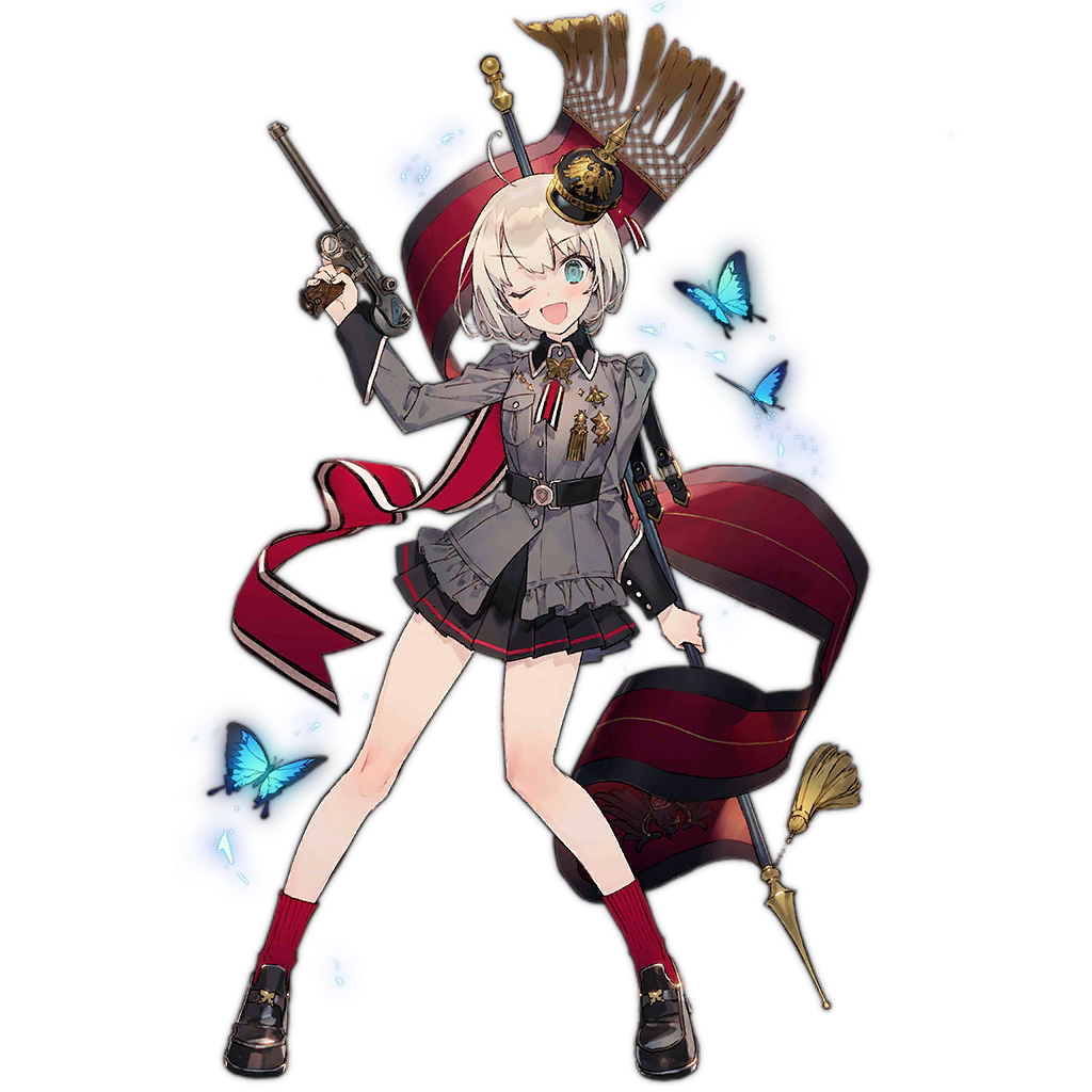 1girl, banner, blonde_hair, blue_butterfly, blue_eyes, borchardt_c-93, bug, butterfly