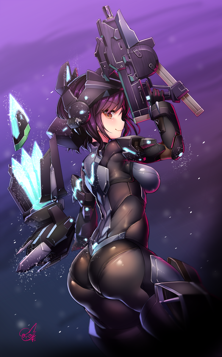 1girl, alice_gear_aegis, arm_up, armor, ass, black_bodysuit, black_gloves, blush, bodysuit, breasts, brown_eyes, closed_mouth, commentary_request, doyouwantto, female_focus, floating_island, from_behind, gloves, glowing, gun, headgear, highres, holding, holding_gun, holding_weapon, large_breasts, light_particles, looking_at_viewer, looking_back, niiya_serina, purple_background, purple_hair, short_hair, shoulder_armor, signature, skin_tight, smile, solo, trigger_discipline, weapon
