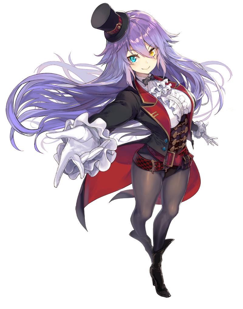 1girl, balus_co., belt, black_boots, black_jacket, black_pantyhose, blue_eyes, boots, female_focus, frill_trim, frills, gloves, hat, heterochromia, humax_cinema, jacket, leotard, long_hair, long_sleeves, looking_at_viewer, mini_hat, official_art, outstretched_hand, pantyhose, purple_hair, shirt, simple_background, smile, solo, top_hat, virtual_youtuber, white_background, white_gloves, white_shirt, yellow_eyes, yoruko_burbank, yuunagi_(seventh_heaven)