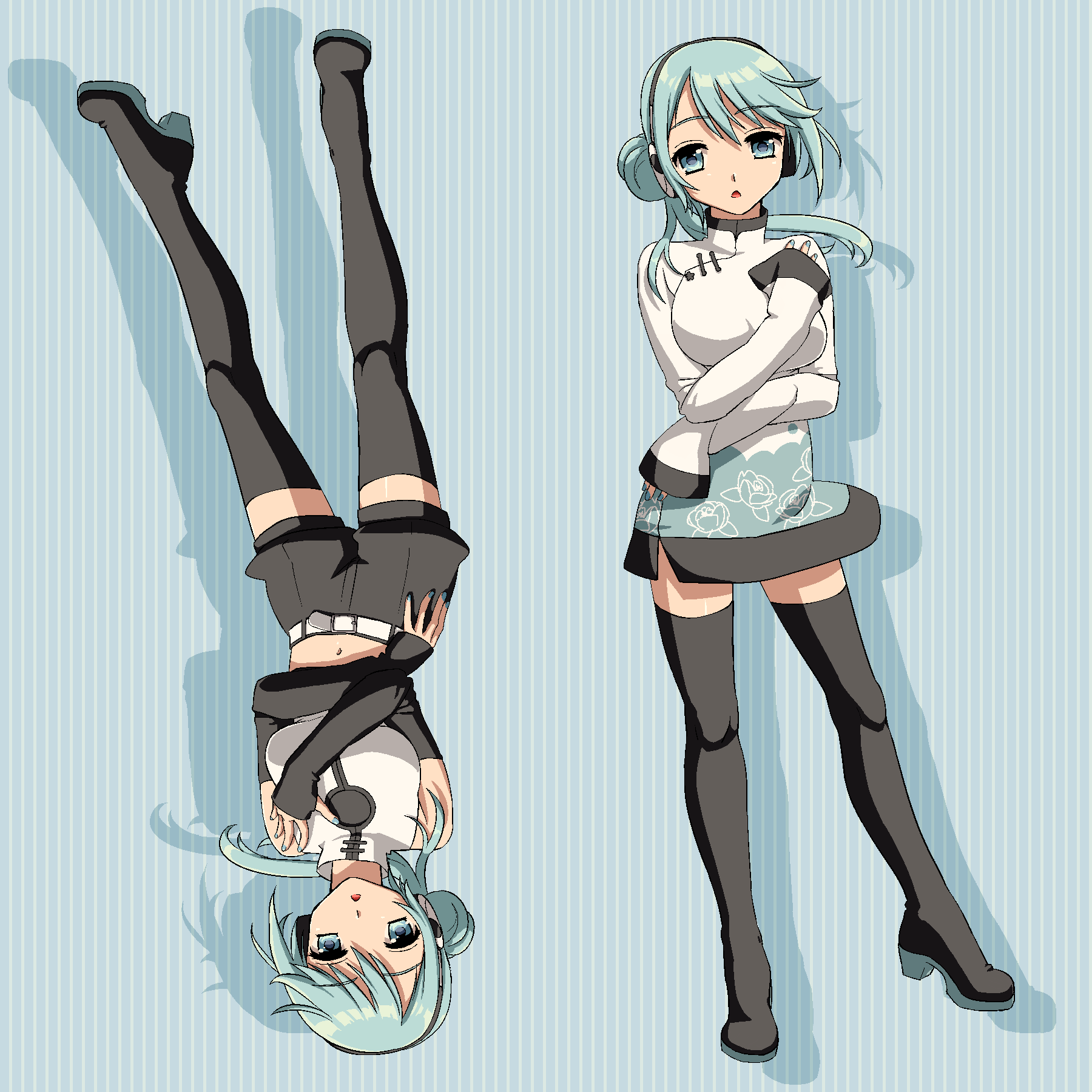 aqua_background, aqua_eyes, aqua_hair, aqua_nails, bare_shoulders, belt, black_legwear, black_shorts