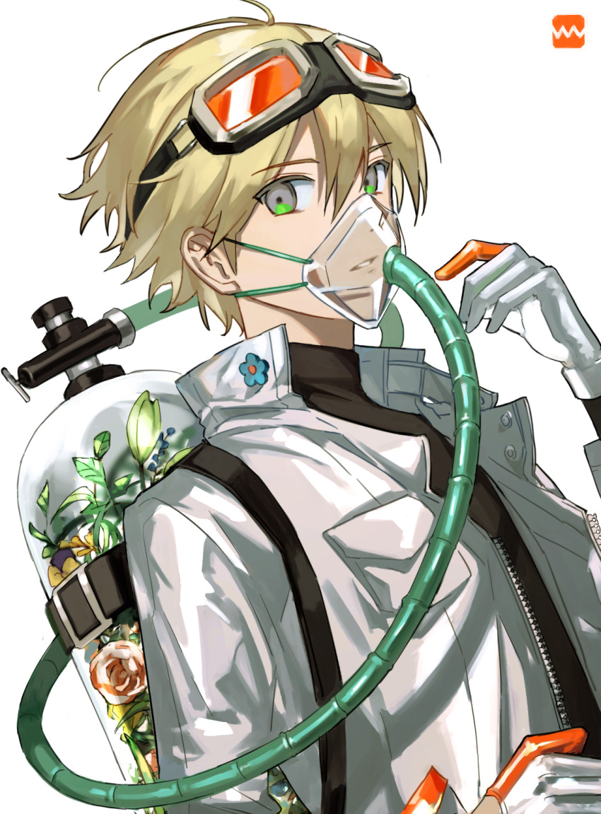 1boy, blonde_hair, commentary_request, extraspiky, gloves, goggles, goggles_on_head, green_eyes