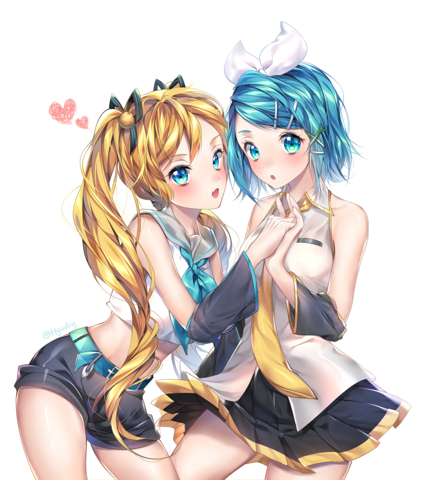 2girls, alternate_hair_color, alternate_hair_length, alternate_hairstyle, aqua_hair, aqua_neckerchief, bare_shoulders, belt