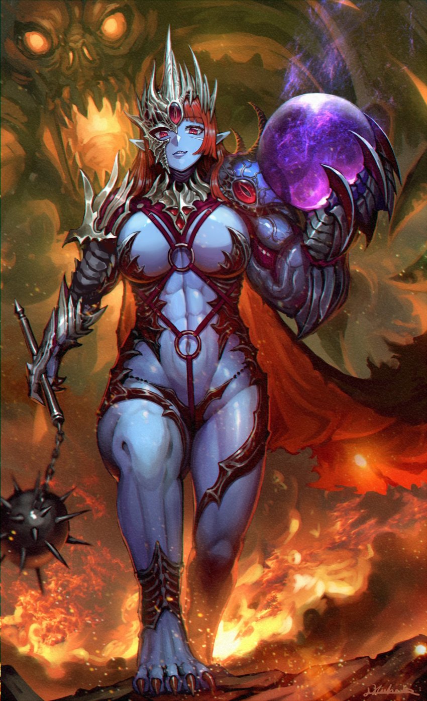 1girl, abs, armor, asymmetrical_arms, aura, bad_id, bad_twitter_id, ball_and_chain_(weapon), barefoot, biceps, bikini_armor, black_cape, blue_skin, breasts, cape, chain_mace, circlet, cleavage, colored_skin, crown, demon_girl, embers, epic, extra_eyes, facial_scar, fire, flail, gem, glowing, half_mask, highres, holding, holding_weapon, jewelry, large_breasts, lava, long_hair, looking_at_viewer, mask, medium_breasts, monster, monster_girl, muscular, muscular_female, nails, navel, nekoemonn, o-ring, outdoors, parted_lips, pauldrons, pointy_ears, red_cape, red_eyes, red_hair, revealing_clothes, scar, scar_on_cheek, scar_on_face, sharp_toenails, shoulder_armor, signature, slit_pupils, smile, smoke, spiked_ball, thong, toenails, torn_cape, torn_clothes, underwear, veins, veiny_arms, walking, weapon