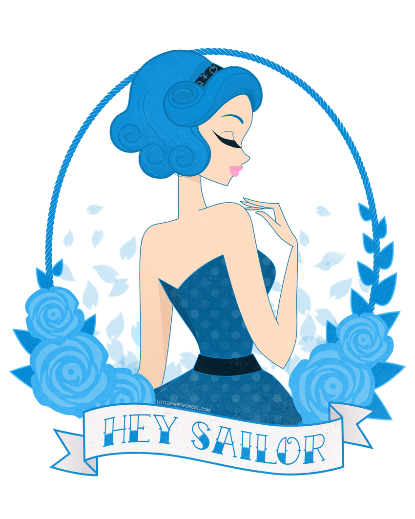 1girl, adapted_costume, artist_name, bare_shoulders, bishoujo_senshi_sailor_moon, black_hairband, blue_dress, blue_flower, blue_hair, blue_rose, breasts, closed_mouth, dress, english_text, closed_eyes, female_focus, flower, from_behind, hairband, hand_up, happy, heart, heart_print, highres, littlepaperforest, mizuno_ami, pink_lips, polka_dot, polka_dot_dress, rose, sailor_mercury, short_hair, small_breasts, smile, solo, strapless, strapless_dress, watermark, web_address