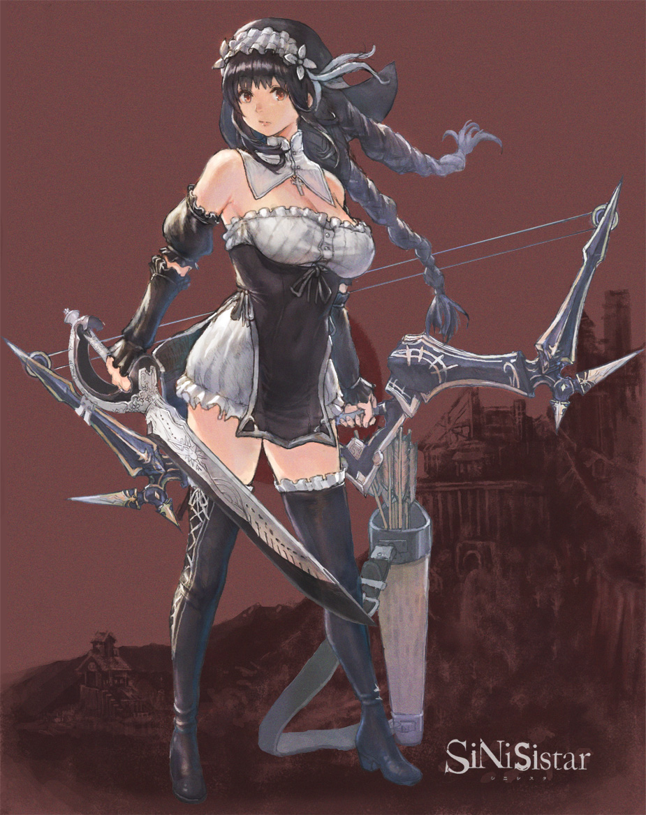 1girl, arrow_(projectile), bare_shoulders, black_boots, black_gloves, boots, bow_(weapon), braid