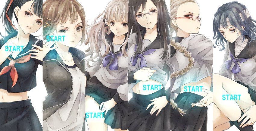 6+girls, bandaged_head, bandages, black_legwear, black_skirt, braid, brown_eyes, fuyusaka_iori, glasses, grey_eyes, grey_shirt, hair_ornament, hairclip, hand_up, highres, jacket, juusan_kihei_bouei_ken, kisaragi_tomi, kuro_n314, looking_at_viewer, looking_back, midriff, minami_natsuno, multiple_girls, navel, red-framed_eyewear, rimless_eyewear, school_uniform, semi-rimless_eyewear, shinonome_ryouko_(juusan_kihei_bouei_ken), shirt, short_hair, sitting, skirt, socks, standing, takemiya_yuki, twintails, yakushiji_megumi