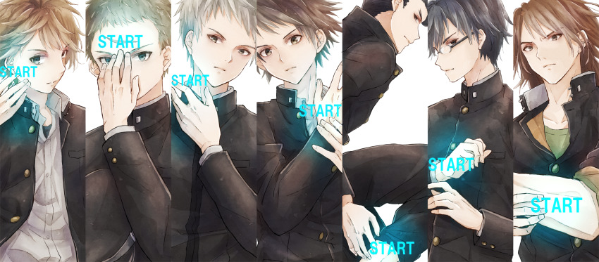 6+boys, amiguchi_shuu, black_eyes, black_hair, black_pants, blue_eyes, brown_eyes, brown_hair