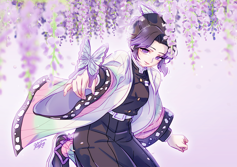 1girl, black_hair, black_jacket, black_pants, blurry, blurry_foreground, butterfly_hair_ornament, closed_mouth, female_focus, flower, gradient_hair, hair_ornament, haori, hydrangea, jacket, japanese_clothes, kimetsu_no_yaiba, kochou_shinobu, leg_up, long_sleeves, multicolored_hair, n09142, pants, purple_eyes, purple_hair, short_hair, smile, solo