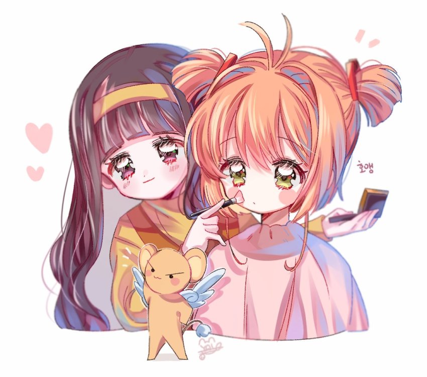2girls, applying_makeup, bad_id, bad_twitter_id, black_hair, blunt_bangs, cardcaptor_sakura, cropped_torso