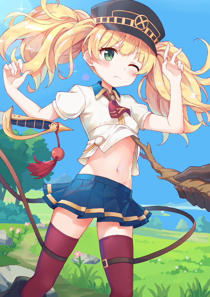 1girl, ascot, black_hat, blonde_hair, blue_skirt, blue_sky, branch, closed_mouth