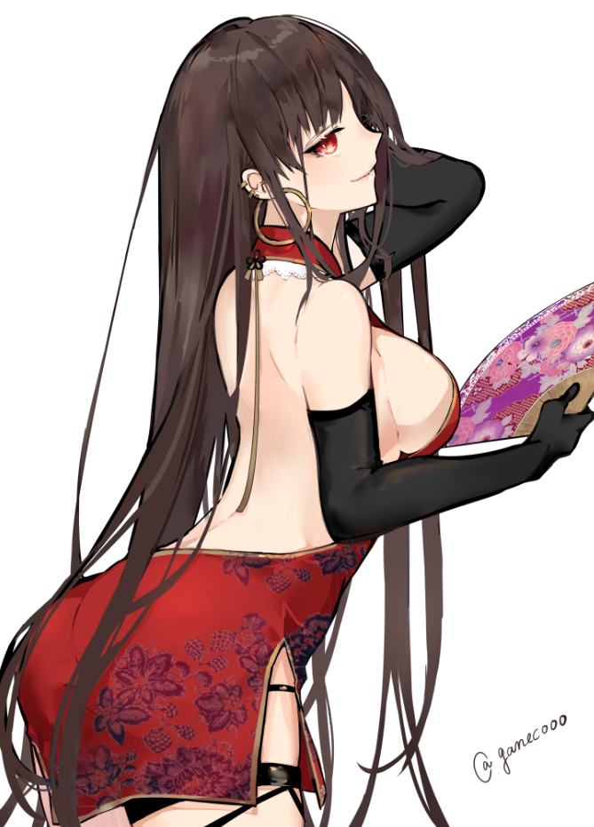 1girl, alternate_costume, arm_up, ass, backless_dress, backless_outfit, black_gloves, breasts