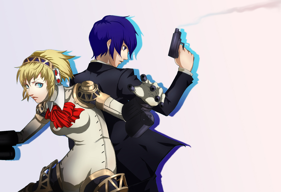 aigis_(persona), atlus, blonde_hair, blue_eyes, blue_hair, evoker, gun, jorogumo