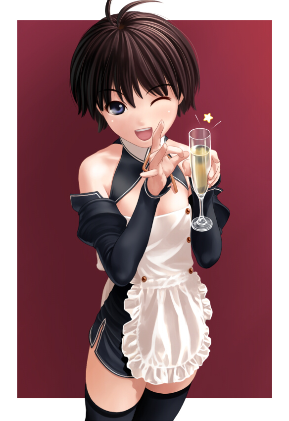 1girl, ahoge, alcohol, antenna_hair, apron, black_thighhighs, champagne, champagne_flute