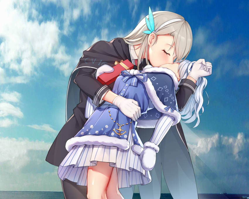 2girls, absurdres, black_cape, black_dress, blonde_hair, blue_capelet, blue_dress, cape