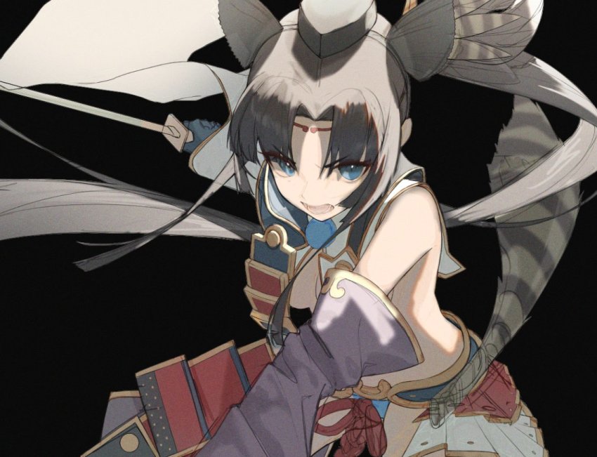 1girl, armor, asymmetrical_sleeves, bare_shoulders, black_background, black_hair, black_hat, blue_eyes