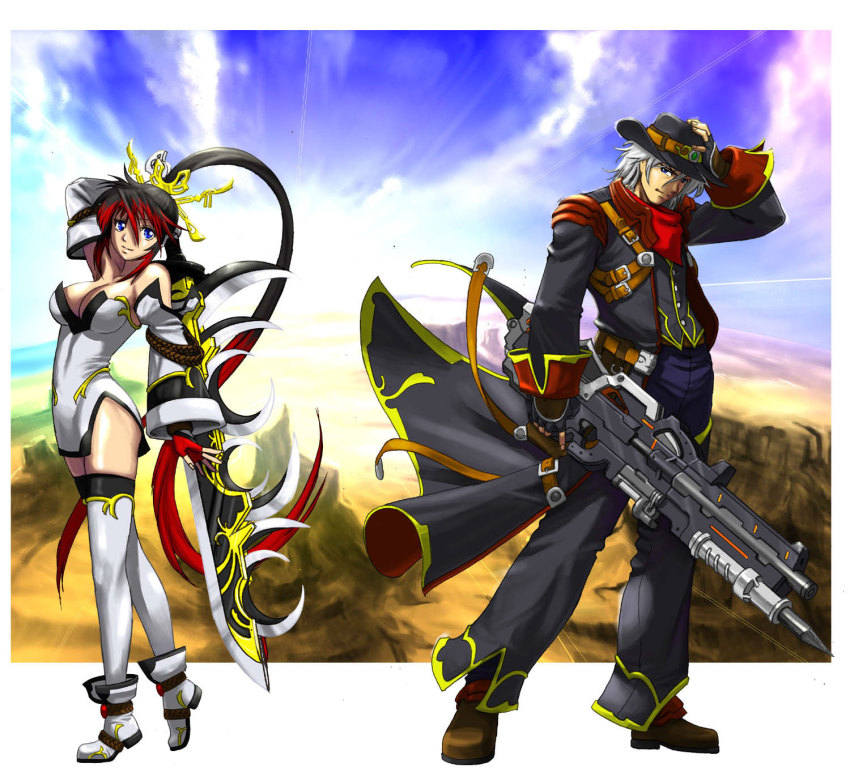 1boy, 1girl, banpresto, belt, black_hair, blue_eyes, breasts, cleavage