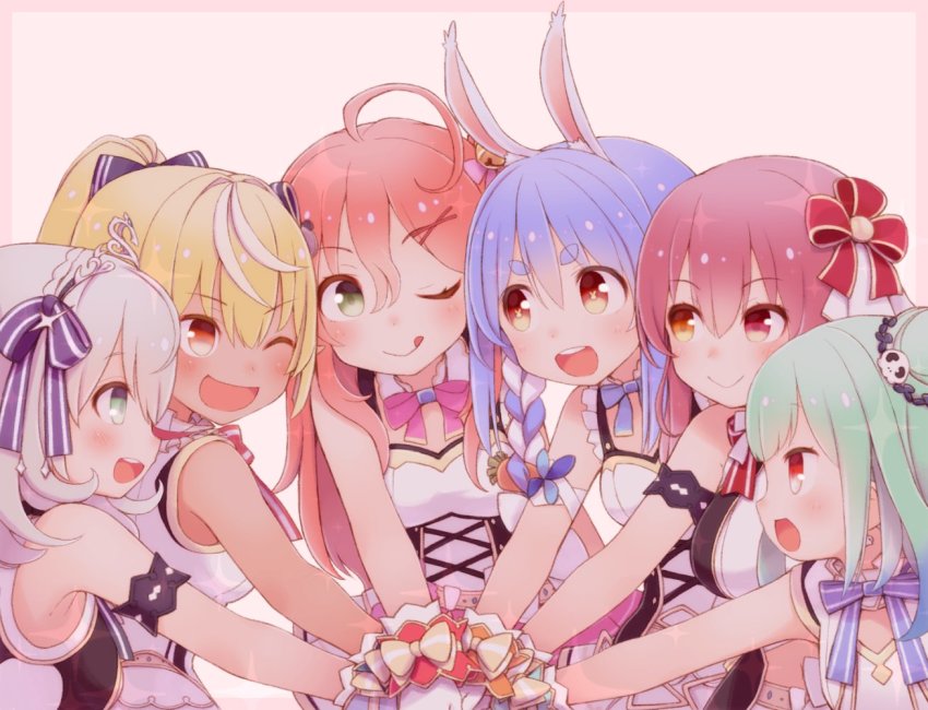 6+girls, ;p, ahoge, alternate_costume, animal_ears, armband, armpits, bell