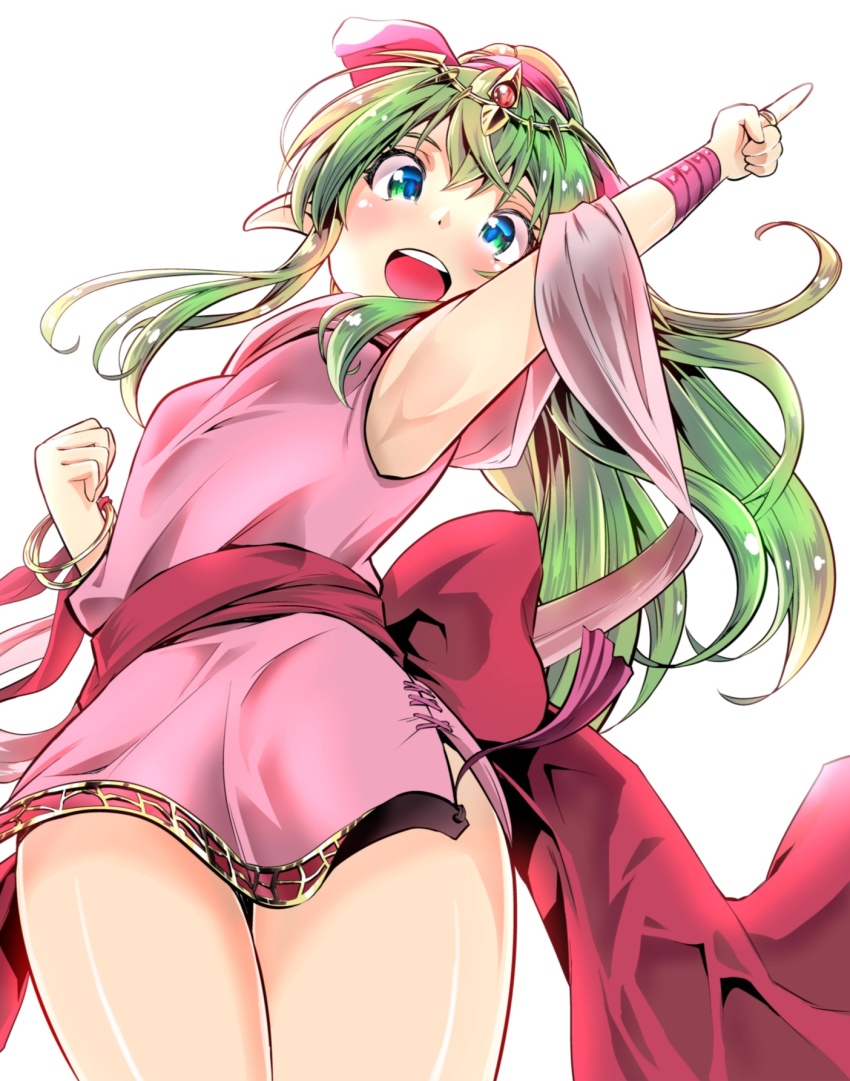 1girl, armpits, bare_legs, bracelet, dress, female_focus, fire_emblem, fire_emblem:_mystery_of_the_emblem, green_eyes, green_hair, hahe, highres, jewelry, long_hair, nintendo, open_mouth, pink_dress, pointy_ears, ponytail, short_dress, simple_background, solo, thick_thighs, thighs, tiara, tiki_(fire_emblem), tiki_(young)_(fire_emblem), white_background