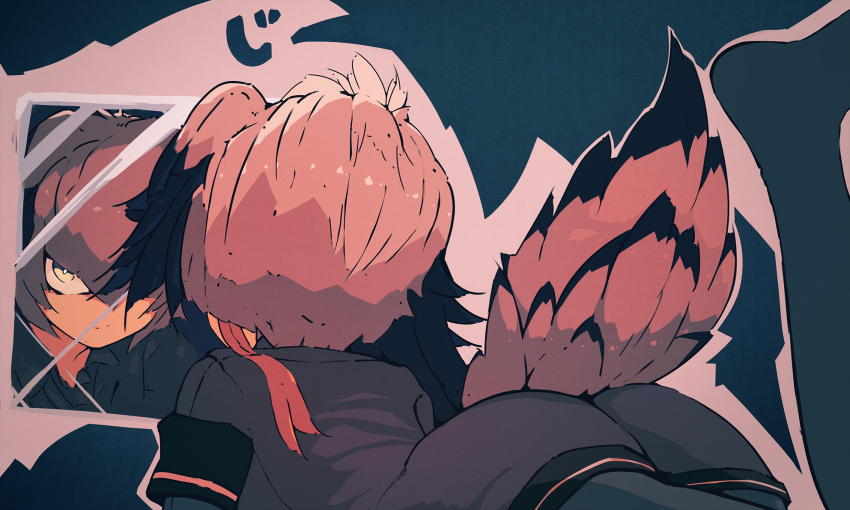 1girl, ass, bakadebiru, bird_tail, female_focus, grey_hair, grey_shirt, hair_between_eyes