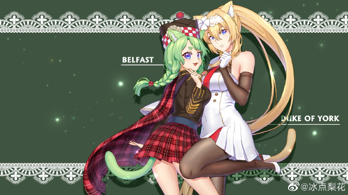2girls, animal_ears, belfast_(warship_girls_r), black_legwear, blonde_hair, breasts, cat_ears, cat_tail