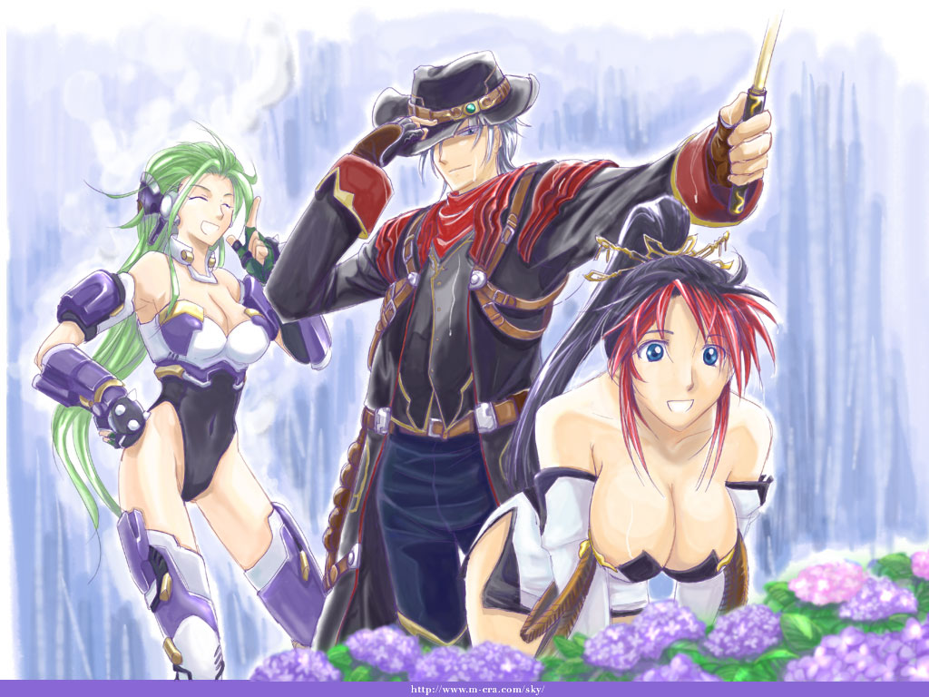 1boy, 2girls, aschen_brodel, asou_naruto, banpresto, black_hair, blue_eyes, bodysuit