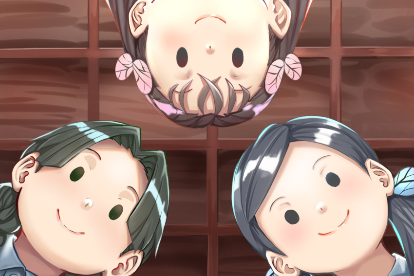 3girls, black_hair, braid, brown_hair, butterfly_hair_ornament, ceiling, commentary_request, from_below, hair_intakes, hair_ornament, indoors, kimetsu_no_yaiba, long_hair, looking_at_viewer, looking_down, low_twintails, motusii, multiple_girls, nakahara_sumi, smile, takada_naho, terauchi_kiyo, twin_braids, twintails