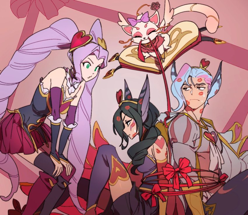 1boy, 3girls, bound, dress, heartseeker_jinx, jinx_(league_of_legends), league_of_legends, lipstick