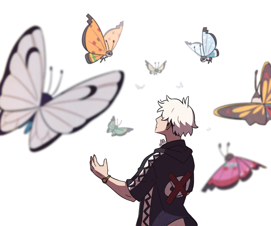1boy, beautifly, bug, butterfly, butterfree, closed_mouth, creature, flying