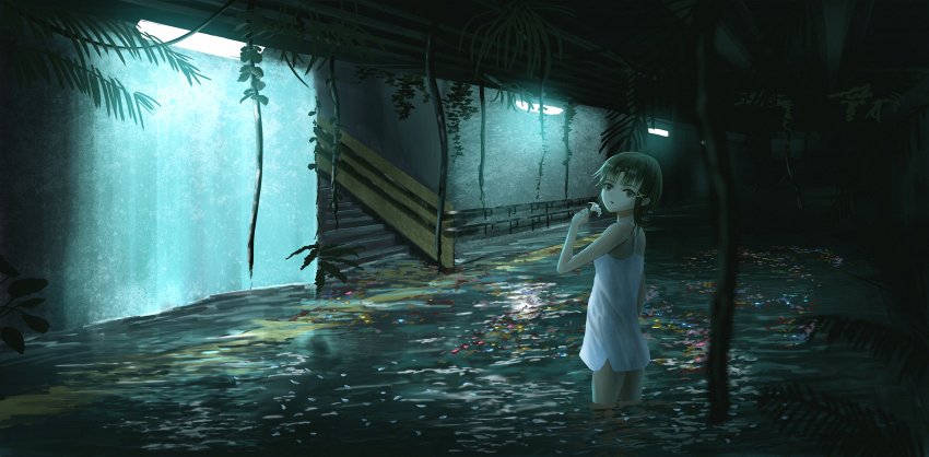 1girl, brown_eyes, brown_hair, cable, commentary, dress, expressionless, female_focus, flood, fluorescent_lamp, from_side, hair_ornament, hairclip, hallway, highres, holding, indoors, iwakura_lain, kojomi_(7j543), looking_at_viewer, looking_back, overgrown, parted_lips, plant, serial_experiments_lain, short_dress, short_hair, sleeveless, sleeveless_dress, solo, spaghetti_strap, stairs, sundress, wading, water, white_dress, x_hair_ornament