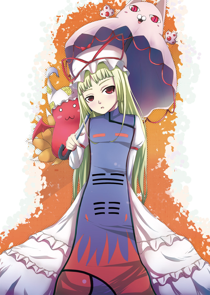 1girl, animal_hat, arc_system_works, bad_anatomy, bad_id, bad_pixiv_id, blazblue, blonde_hair, chen, cosplay, crossover, gii, hat, holding, holding_umbrella, karukei, long_hair, long_sleeves, mob_cap, nago, parasol, poorly_drawn, rachel_alucard, red_eyes, tabard, tassel, touhou, umbrella, yakumo_ran, yakumo_ran_(cosplay), yakumo_yukari, yakumo_yukari_(cosplay)