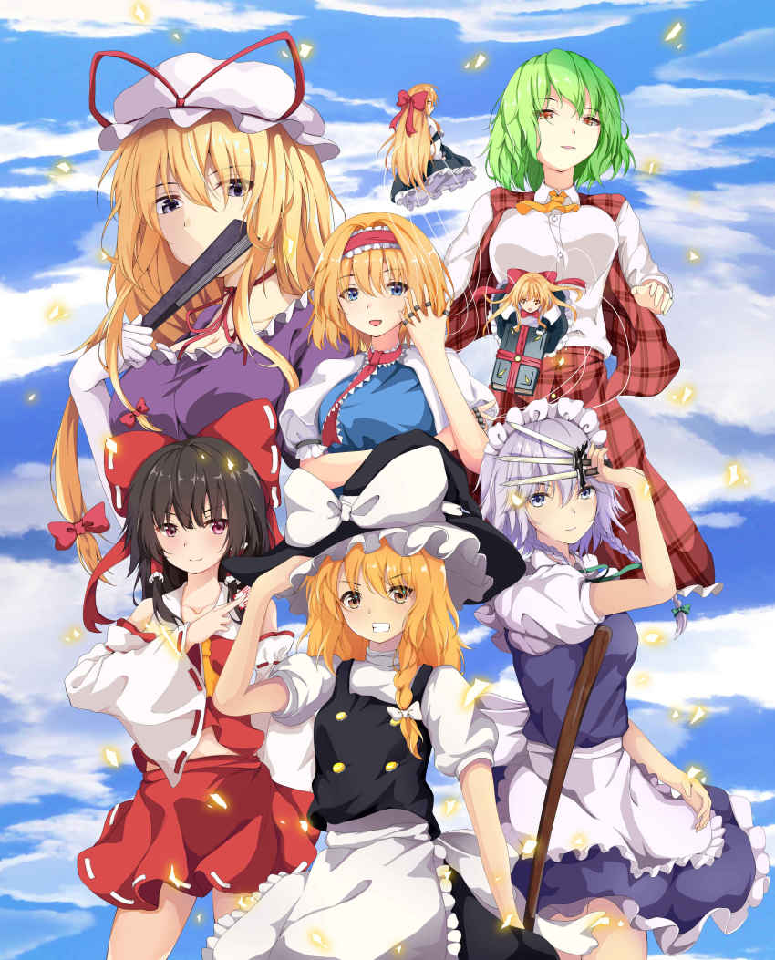 6+girls, absurdres, alice_margatroid, apron, arm_up, ascot, between_fingers, black_hair