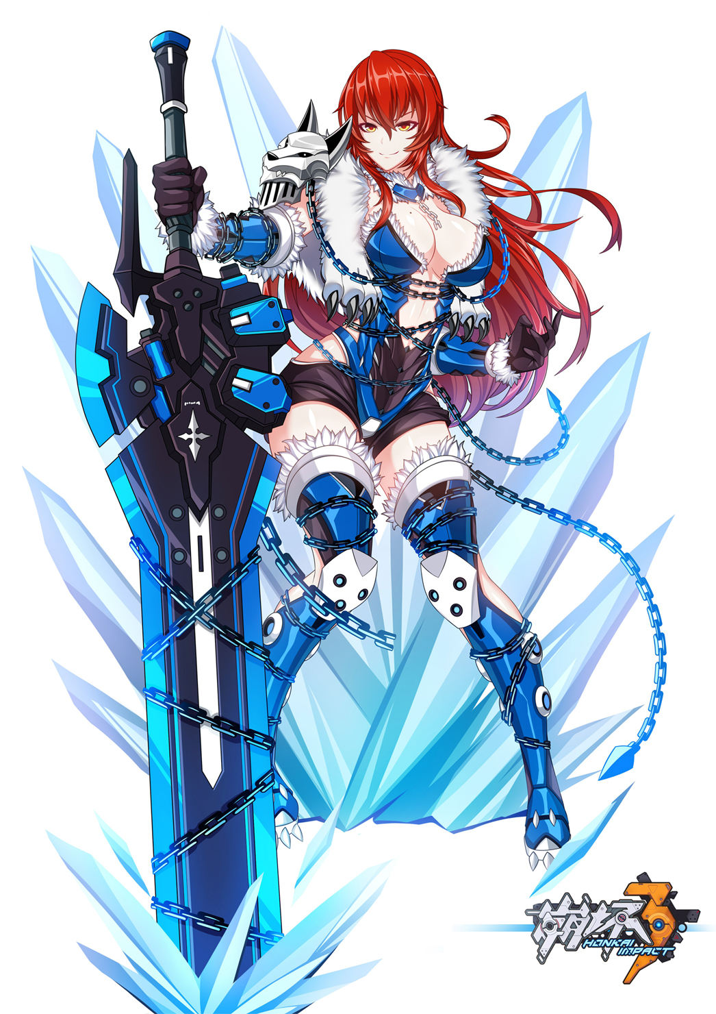>:), 1girl, armor, artist_request, black_gloves, boots, breasts, chain