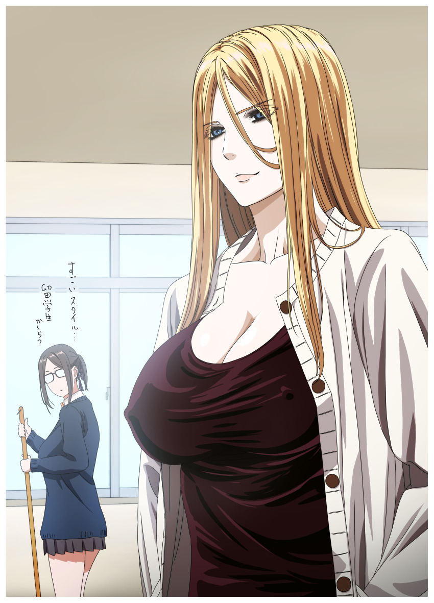 2girls, absurdres, avril_(kakitama), beige_blazer, black_hair, blazer, blonde_hair, blue_eyes