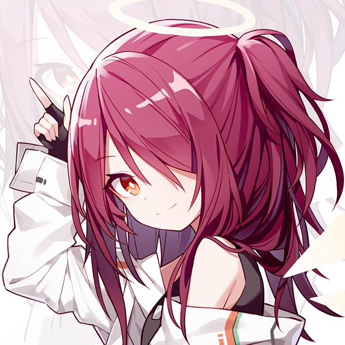 1girl, arknights, arm_up, bare_shoulders, black_gloves, black_shirt, exusiai_(arknights), exusiai_(teenage)_(arknights)