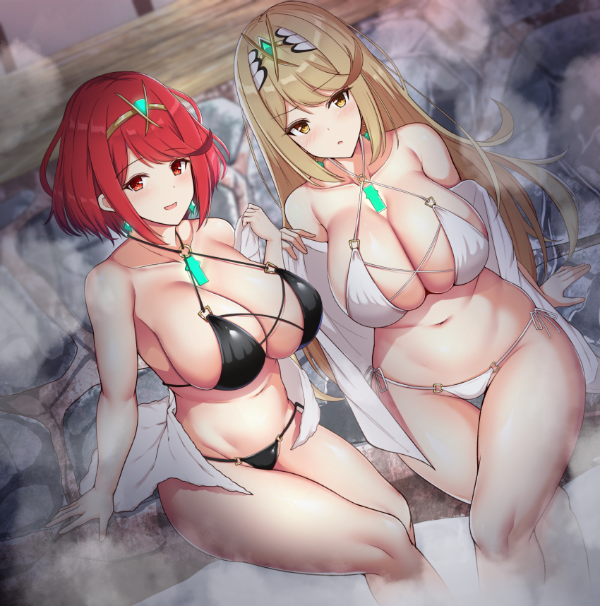 2girls, bikini, black_bikini, blonde_hair, blush, breasts, cleavage, dual_persona