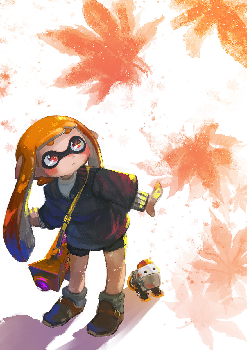 1girl, autobomb_(splatoon), bike_shorts, black_sweater, blunt_bangs, blush, brown_shoes, closed_mouth, female_focus, flat_chest, full_body, grey_socks, highres, hizake_mozu, inkling, inkling_girl, inkling_player_character, leaf, leaves, long_hair, long_sleeves, looking_up, maple_leaf, nintendo, orange_hair, pointy_ears, red_eyes, shirt, shoes, socks, solo, splatoon_(series), splatoon_2, splattershot_jr._(splatoon), standing, star_(symbol), sweater, tentacle_hair, tentacles, twintails, weapon, white_background, white_shirt
