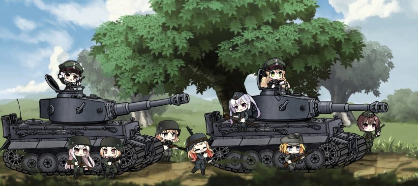 6+girls, automatic_rifle, battle_rifle, blonde_hair, blue_eyes, brown_eyes, brown_hair, chibi