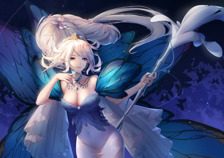 1girl, absurdres, ajio_(pixiv7718798), bare_shoulders, blue_eyes, blue_wings, breasts, butterfly_wings