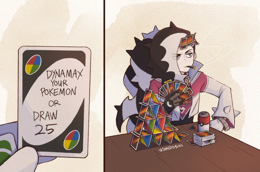 1boy, artist_name, can, card, commentary_request, draw_25_(meme), drink_can, english_text, eyes_visible_through_hair, gloves, gym_leader, highres, house_of_cards, jacket, male_focus, meme, mouth_hold, multicolored_hair, nintendo, pale_skin, piers_(pokemon), playing_card, pokemon, pokemon_sword_and_shield, soda_can, table, two-tone_hair, uno_(game), ushidoshi, white_jacket