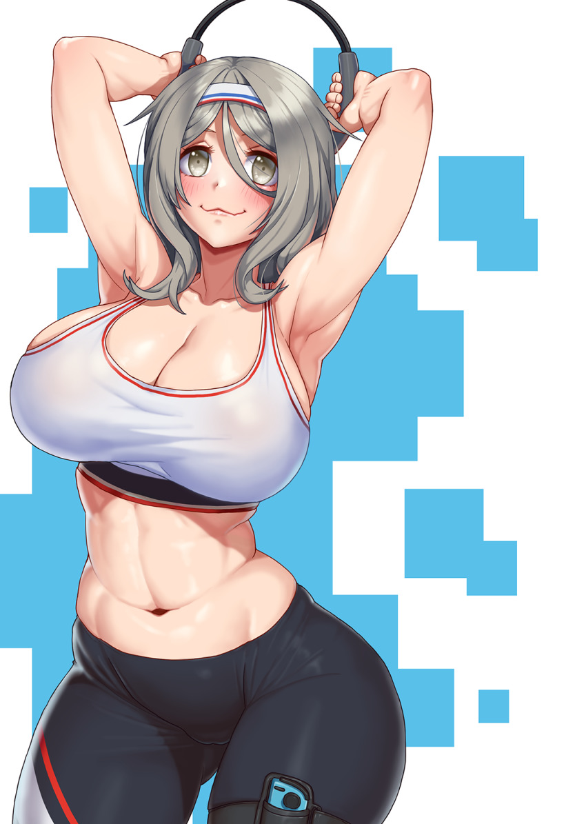 1girl, armpits, arms_up, bare_shoulders, black_pants, blush, breasts, cleavage