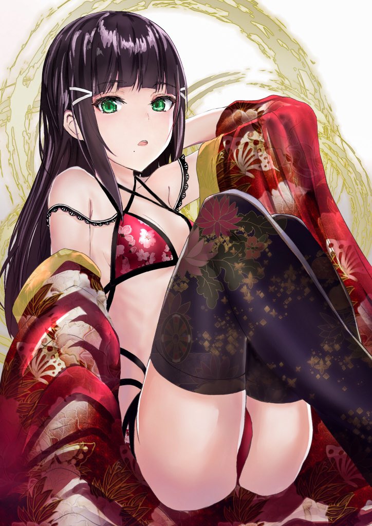 1girl, abstract_background, alumina_(kennmeidesu), arm_behind_head, arm_up, bad_id, bad_pixiv_id, bikini, black_hair, black_thighhighs, blunt_bangs, bra, breasts, cherry_blossoms, cleavage, commentary_request, feet_out_of_frame, female_focus, floral_print, gradient_background, green_eyes, hair_ornament, hairclip, knees_up, kurosawa_dia, kurosawa_dia_(dengeki_g's_poster_swimsuit), long_hair, looking_at_viewer, love_live!, love_live!_school_idol_festival, love_live!_sunshine!!, medium_breasts, mole, mole_under_mouth, multi-strapped_bikini, multi-strapped_bikini_bottom, multi-strapped_bikini_top, multi-strapped_bra, multi-strapped_panties, multi-strapped_pants, multi-strapped_swimsuit, multi-strapped_underwear, off_shoulder, open_clothes, open_mouth, open_robe, panties, parted_lips, print_thighhighs, red_bikini, robe, sidelocks, sitting, solo, strap_slip, swimsuit, thighhighs, underwear, very_long_hair, white_background