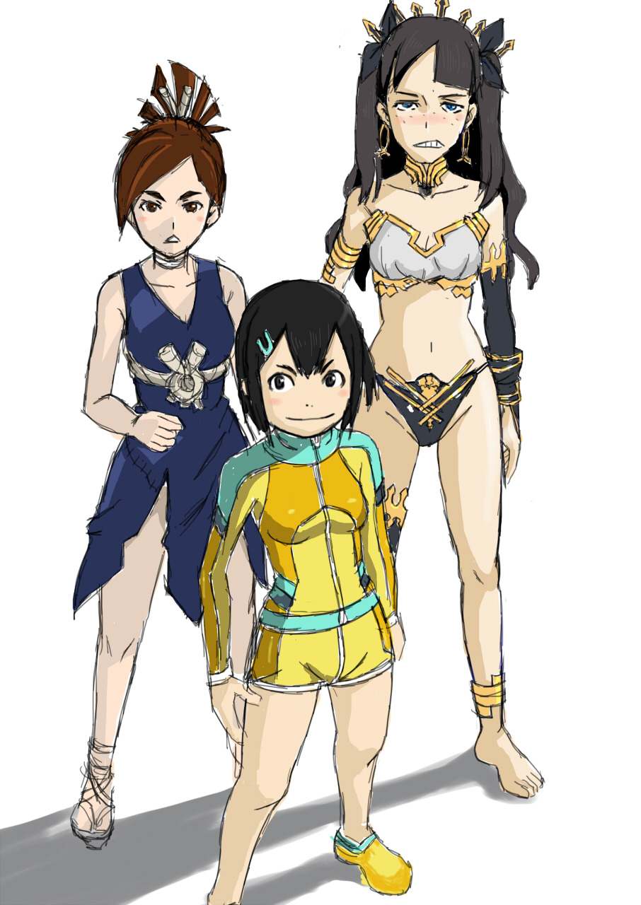 3girls, armlet, arms_at_sides, asakusa_midori, barefoot, black_hair, blush, breasts