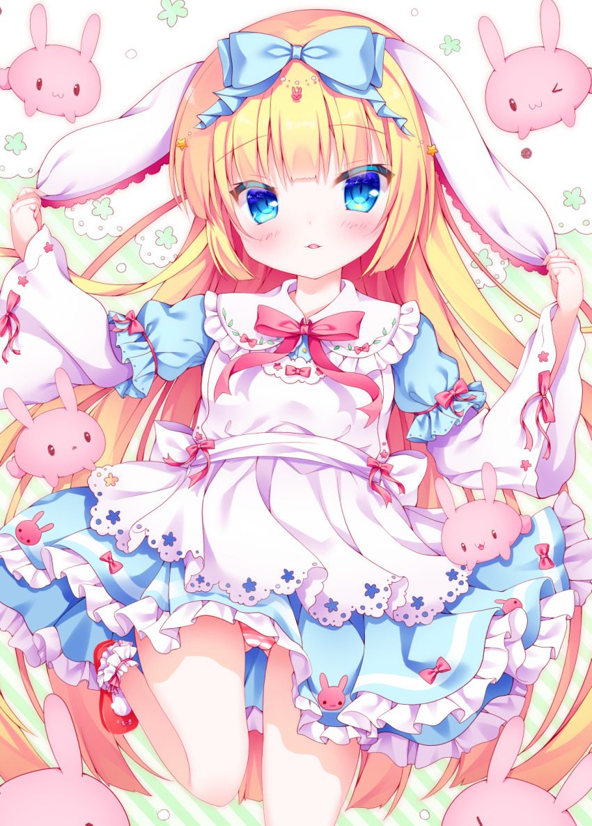 >_o, 1girl, :3, animal, animal_ears, apron, blonde_hair, blue_bow