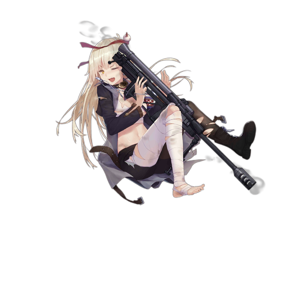 1girl, agencija_alan, anti-materiel_rifle, badge, bandaged_leg, bandages, black_pantyhose, black_shorts